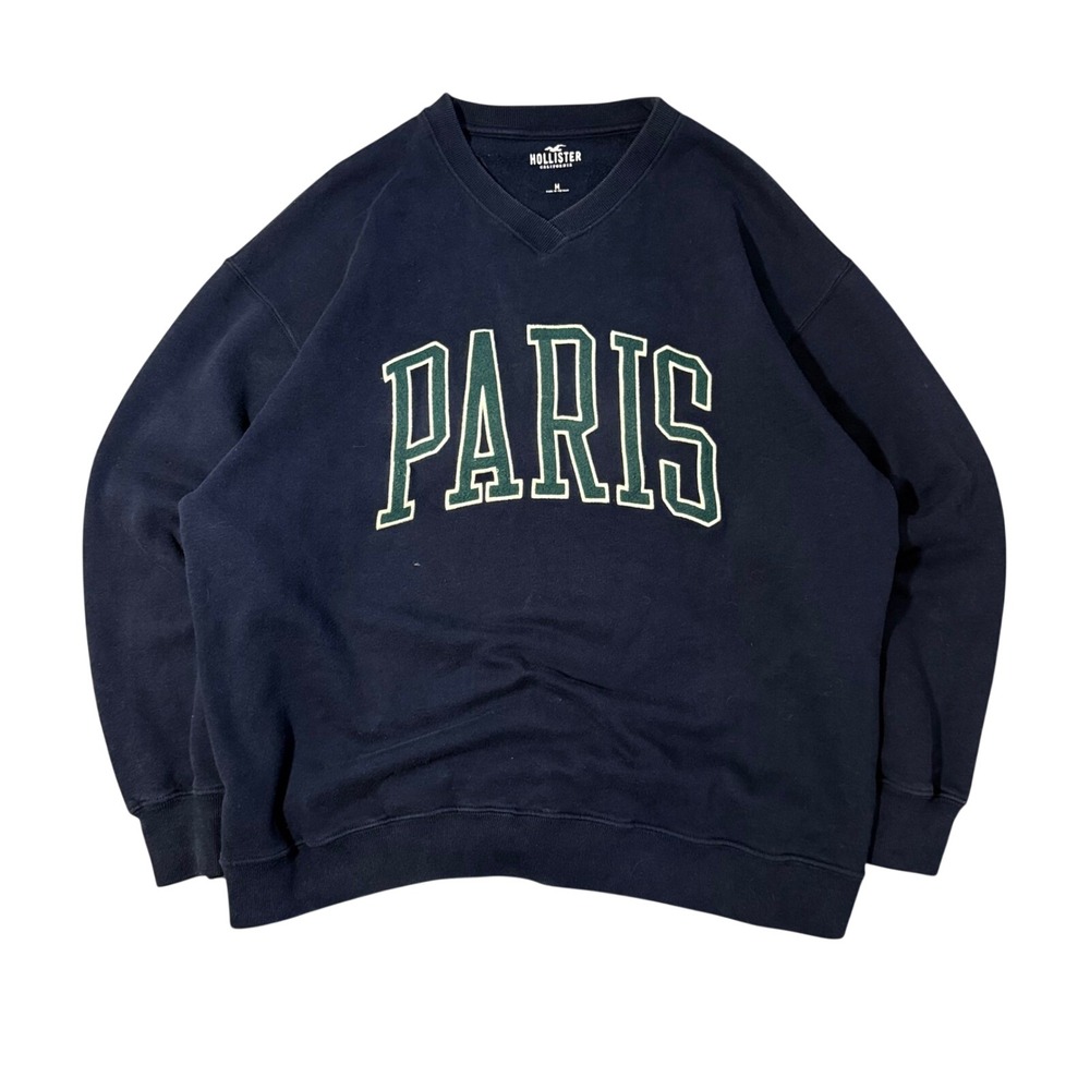 Hollister Sweatshirt Medium Navy Blue Paris Graphic‎ V-Neck Oversized